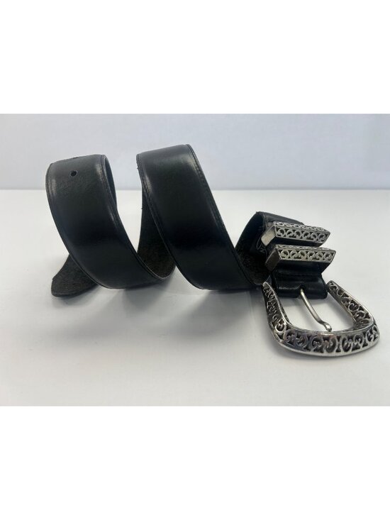 Brighton Accessories - VTG 90s Brighton Black Leather Belt Silver-Tone Filigree Buckle Boho Cowgirl S